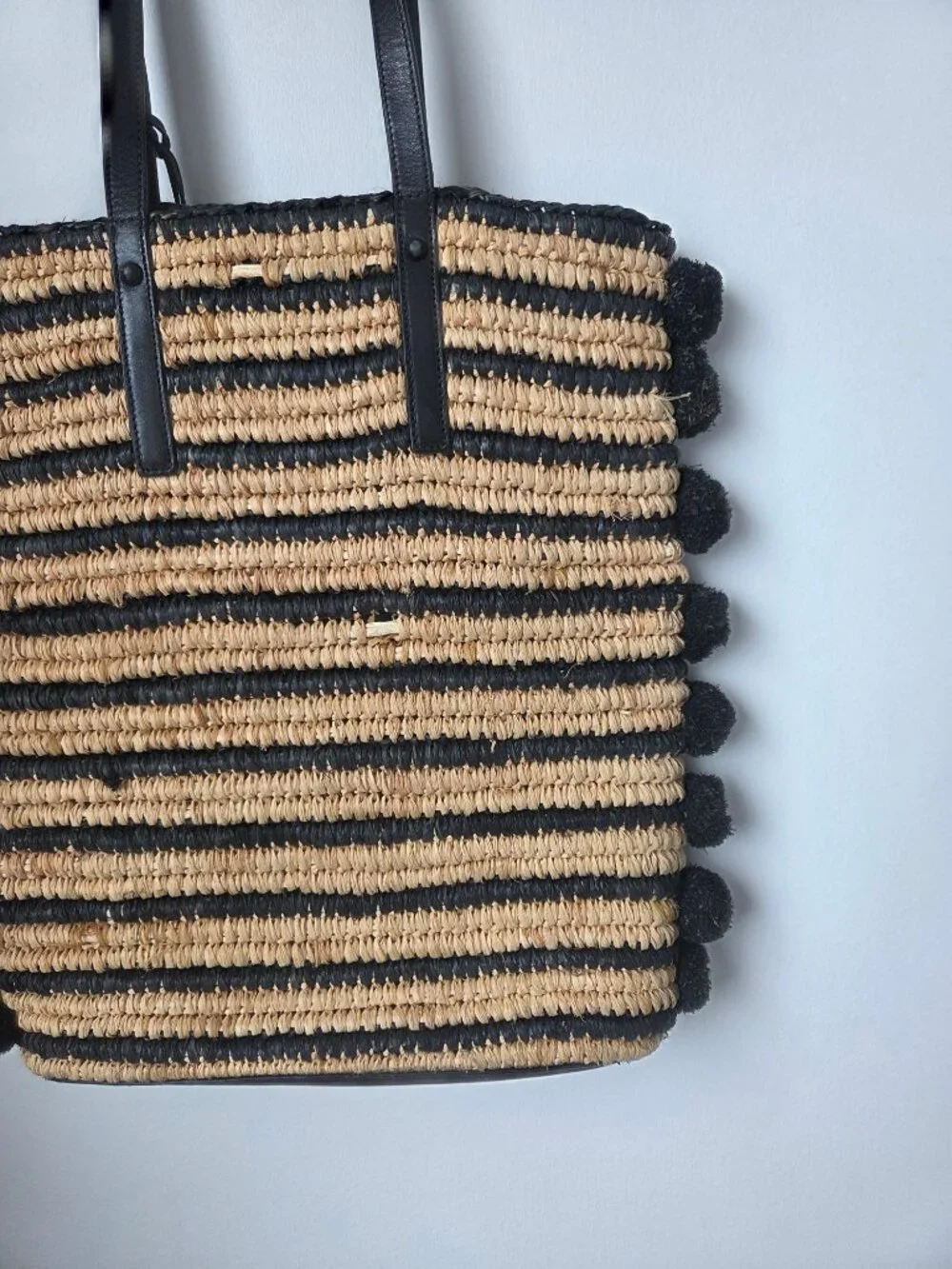 Loeffler Randall Striped Straw Tote Black Leather Straps & Tassel Pom-Pom Edges